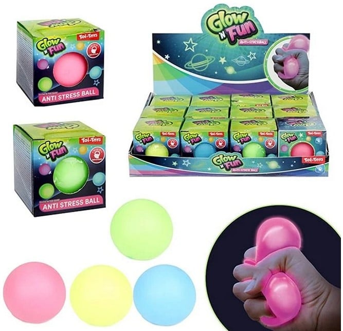 GLOW N FUN ANTI STRESS BALL 6CM GLOW IN THE DARK 4 ASSORTED IN DISPLAY (12) Kula Antystresowa Glow N Fun 6 cm Glow W Ciemności (4 wzory)